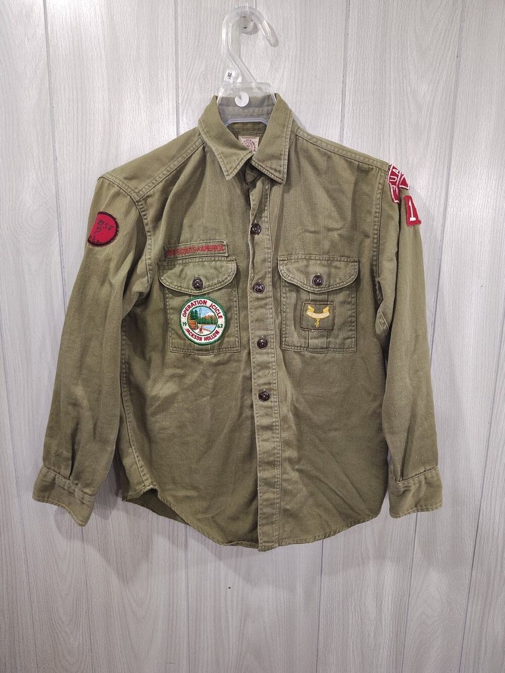 Vintage Boy Scouts Of America Button-up Shirt With Patches Green Quantico VA 176
